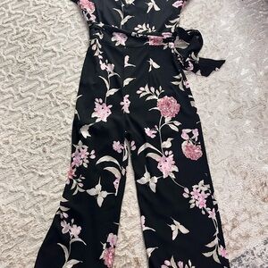 Sienna Sky Black cropped Jumpsuit with Pink Floral Design